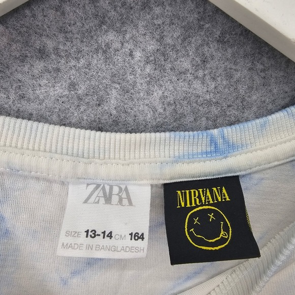 NIRVANA Tie Dye T Shirt Kids 14 White Blue Smiley Face Band Tee Grunge Y2K ZARA - Picture 3 of 8